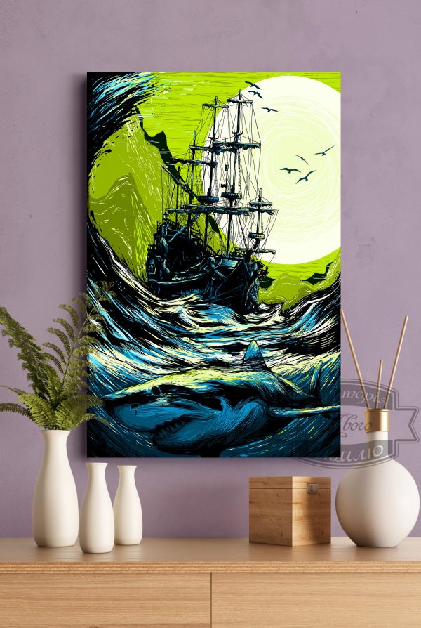 постер картина корабль и акула в бушующем море
